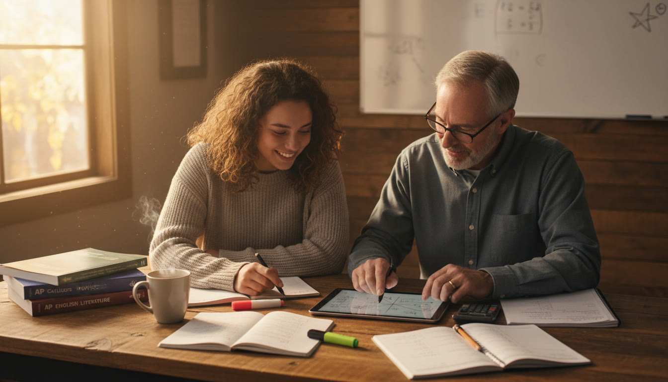 Photo Idea : A cozy after-school scene showing a student and a tutor working together over a tablet, with notes, a calculator, and a cup of tea. This image should appear later in the article where tutoring and personalized support are discussed.