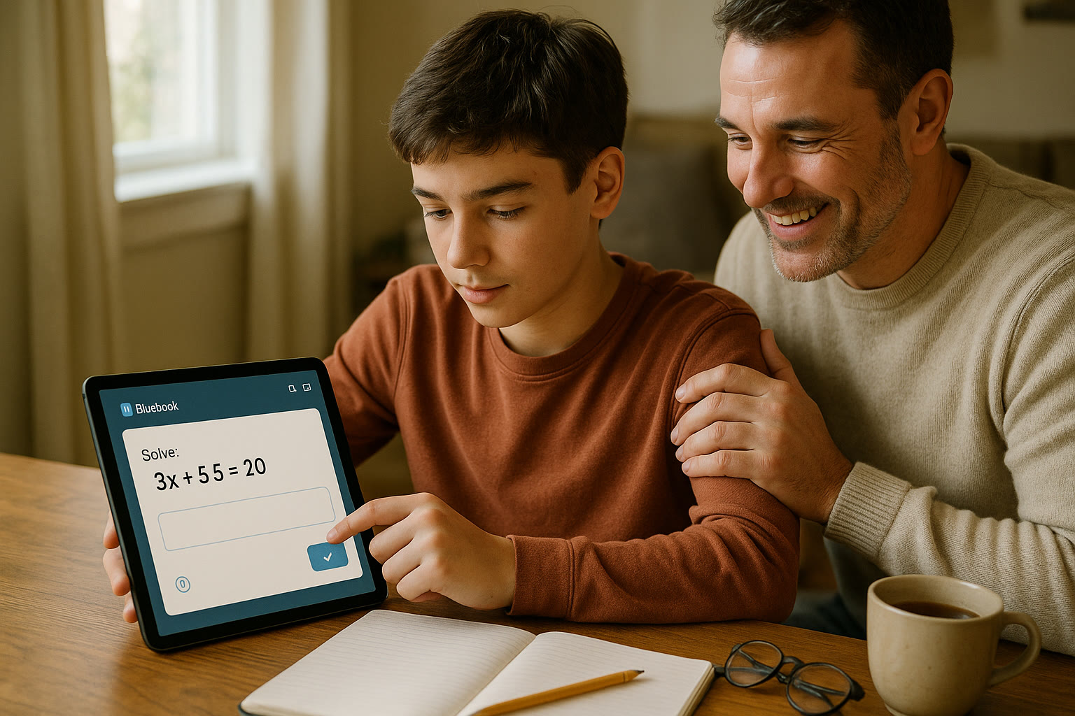 Photo Idea : A student using a tablet with the Bluebook interface visible (conceptual), practicing a math question while a parent watches supportively.