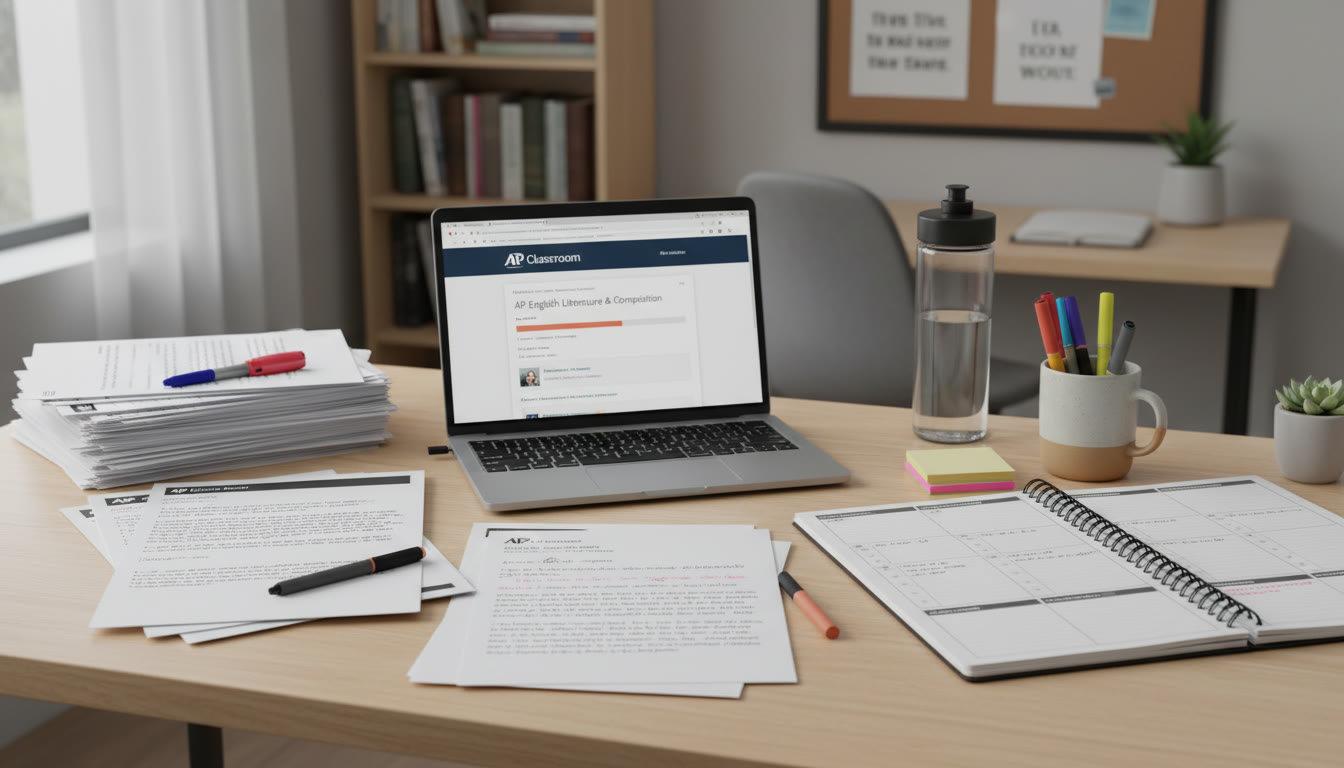 Photo Idea : A study desk with AP prep materials laid out neatly — past papers, annotated practice essays, a laptop open to AP Classroom resources, and a planner with a revision schedule. The image should convey organized, calm, and strategic study rather than frantic last-minute cramming.
