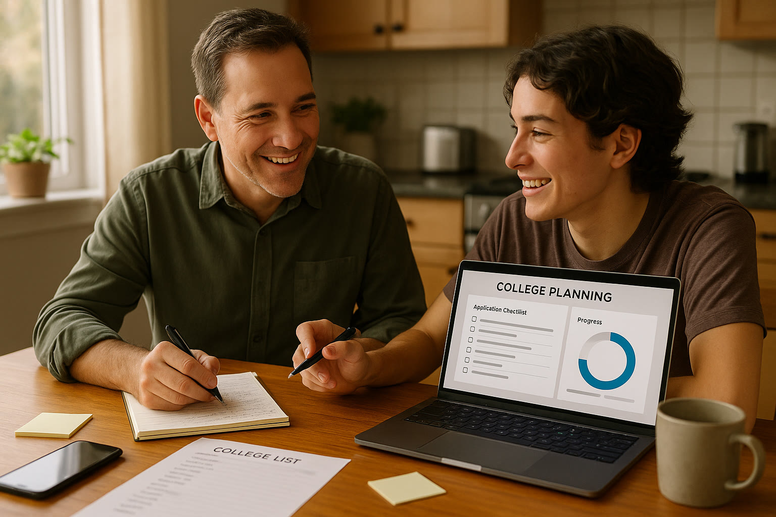 Photo Idea : Parent and teen at a kitchen table with a laptop open to a college planning dashboard, smiling and discussing notes.