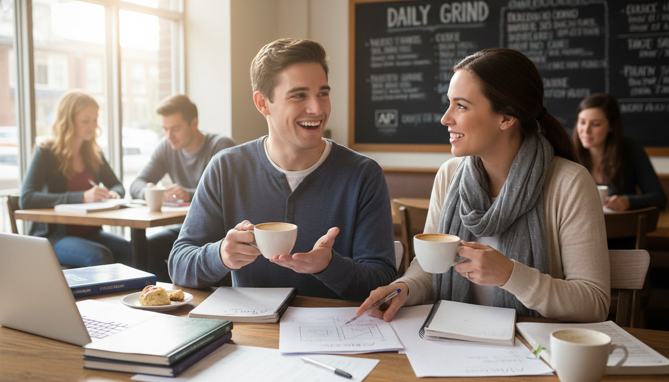 Photo Idea : A smiling student meeting with a tutor over coffee, with AP notes spread on the table—conveys mentorship, steady progress, and the blend of independent experience with targeted academic support.