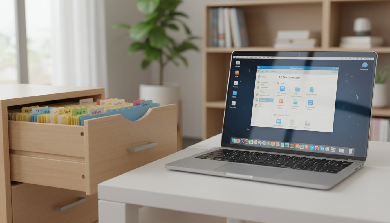 Photo Idea : A close-up of a neatly organized file drawer and a laptop screen showing a digital folder labeled 