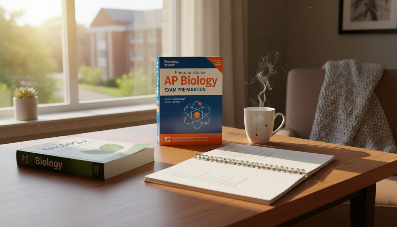Photo Idea : A bright study nook with an A Level textbook next to an AP exam prep book, a notebook open with vocabulary lists, and a steaming mug — conveys transition and focus.