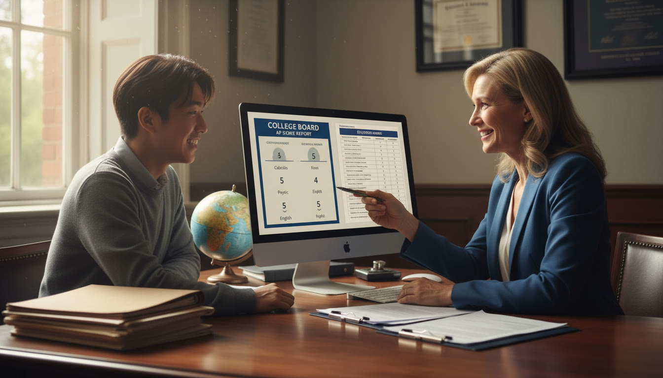 Photo Idea : A bright, optimistic photo of a university registrar or admissions officer reviewing documents with an international student — symbolizing the moment AP scores become ECTS credit. The setting feels professional and reassuring.