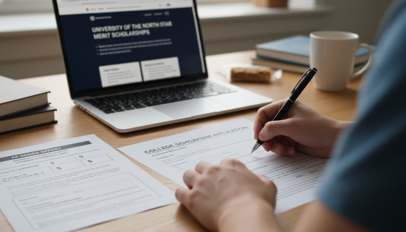 Photo Idea : Close-up of a scholarship application form being filled out, with an AP score report and a laptop open to a college’s scholarship page in the background — conveys progress and practical action.