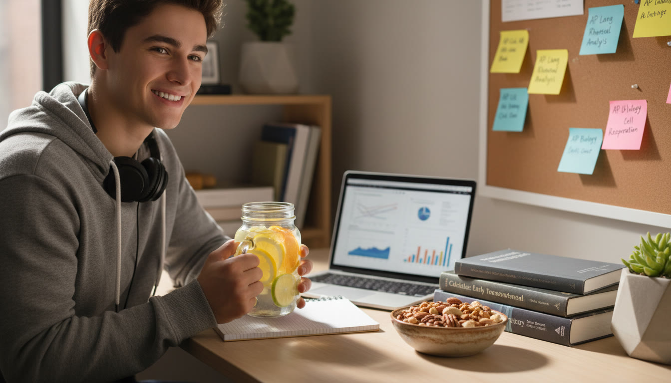 Photo Idea : A student at a desk during a study break holding a mason jar of water with citrus slices, a small bowl of mixed nuts nearby, and sticky notes labeled with AP topics. The scene projects calm, organized focus.