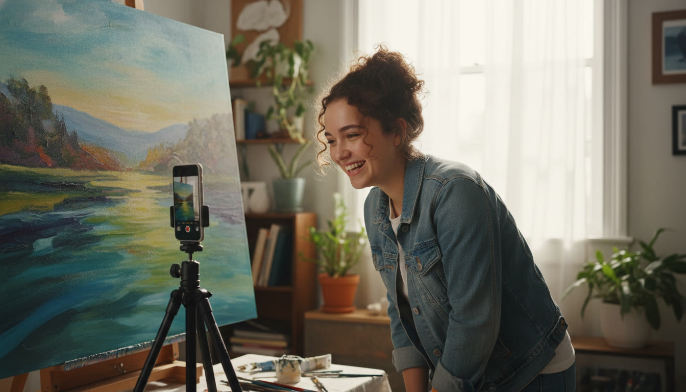 Photo Idea : Close-up shot of a student photographing a large canvas with a smartphone on a tripod in natural window light, showing attention to lighting and framing.