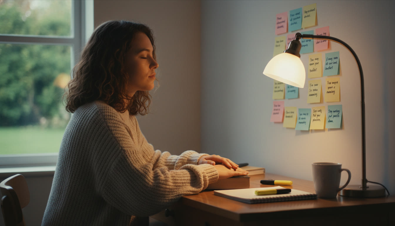 Photo Idea : A calm study corner with post-it notes displaying a short proctor script and a student practicing under a soft lamp. Show a gentle, focused atmosphere—this image belongs near the article’s end where preparation and reflection are emphasized.