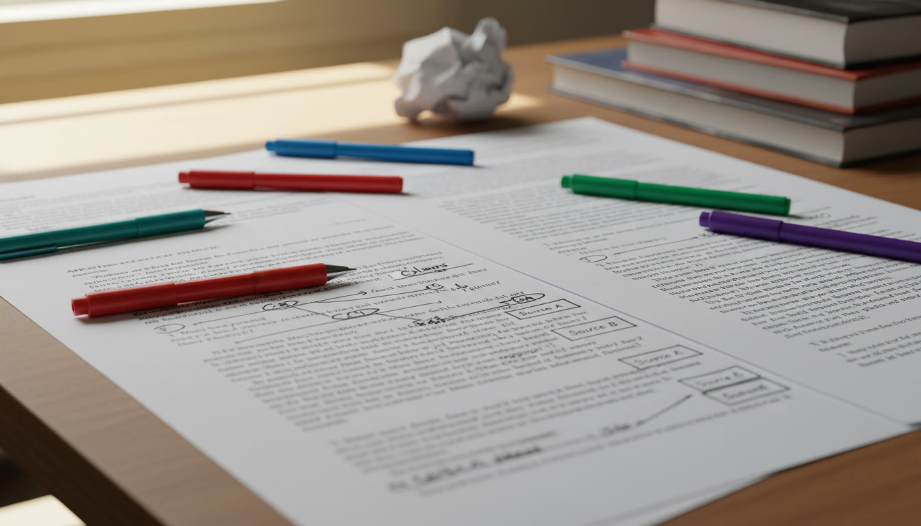 Photo Idea : A close-up of annotated student essays with colored pens and margin notes showing claims connected to source labels—visualizes the synthesis process and active revision.