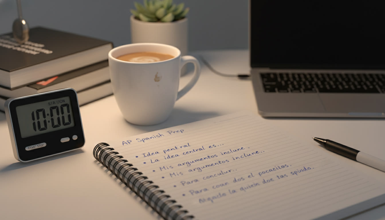 Photo Idea : A close-up of a handwritten planning sheet with bullet points mapped to three short paragraphs in Spanish, a timer showing ten minutes, and a cup of coffee—conveys the disciplined, calm approach to timed practice.