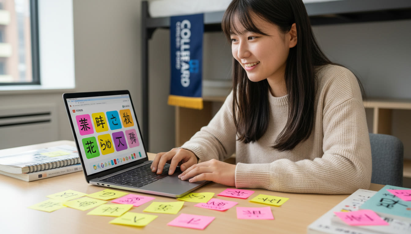 Photo Idea : A bright, candid shot of a high school student studying Japanese vocabulary on a laptop, with sticky notes of kanji on the desk—captures the modern, digital nature of AP language study and the focus required for a school-owned-device exam.