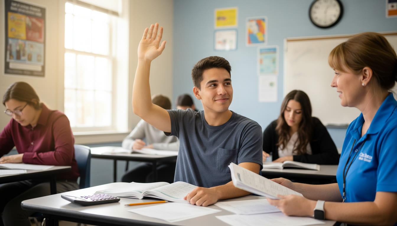 Photo Idea : A bright, calm photo of a student quietly raising their hand in an exam room while a friendly proctor approaches — natural daylight, relaxed expressions, notebooks and permitted calculators visible.