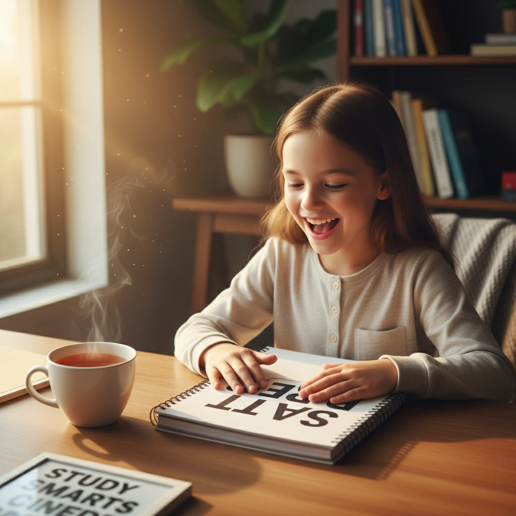 Photo idea: A student closing a notebook at a desk with a warm cup of tea beside them, sunlight streaming in — conveys calm end-of-study ritual.