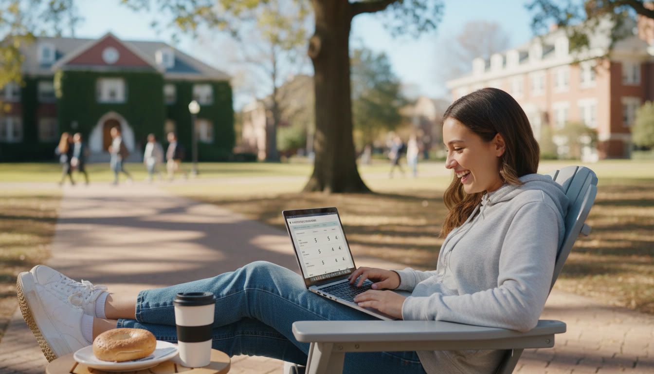 Photo Idea : A bright, candid shot of a relaxed student on campus looking at an AP score report on a laptop, with campus buildings softly blurred in the background. This visual fits near the top to show the real-life moment of translating AP success into college planning.