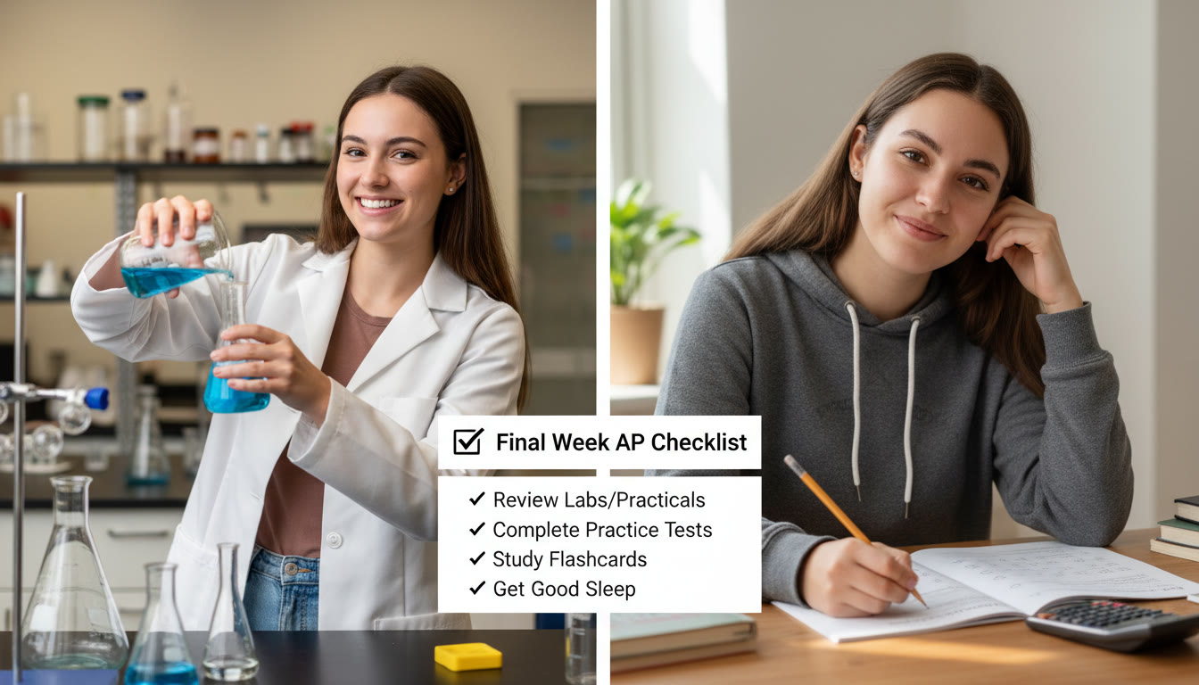 Photo Idea : A split-frame photo showing a student in a lab apron performing a practical on one side, and the same student calmly taking an AP practice test on the other—illustrating balance and dual-focus in the final prep week. Place this image near the final-week checklist to inspire confidence.