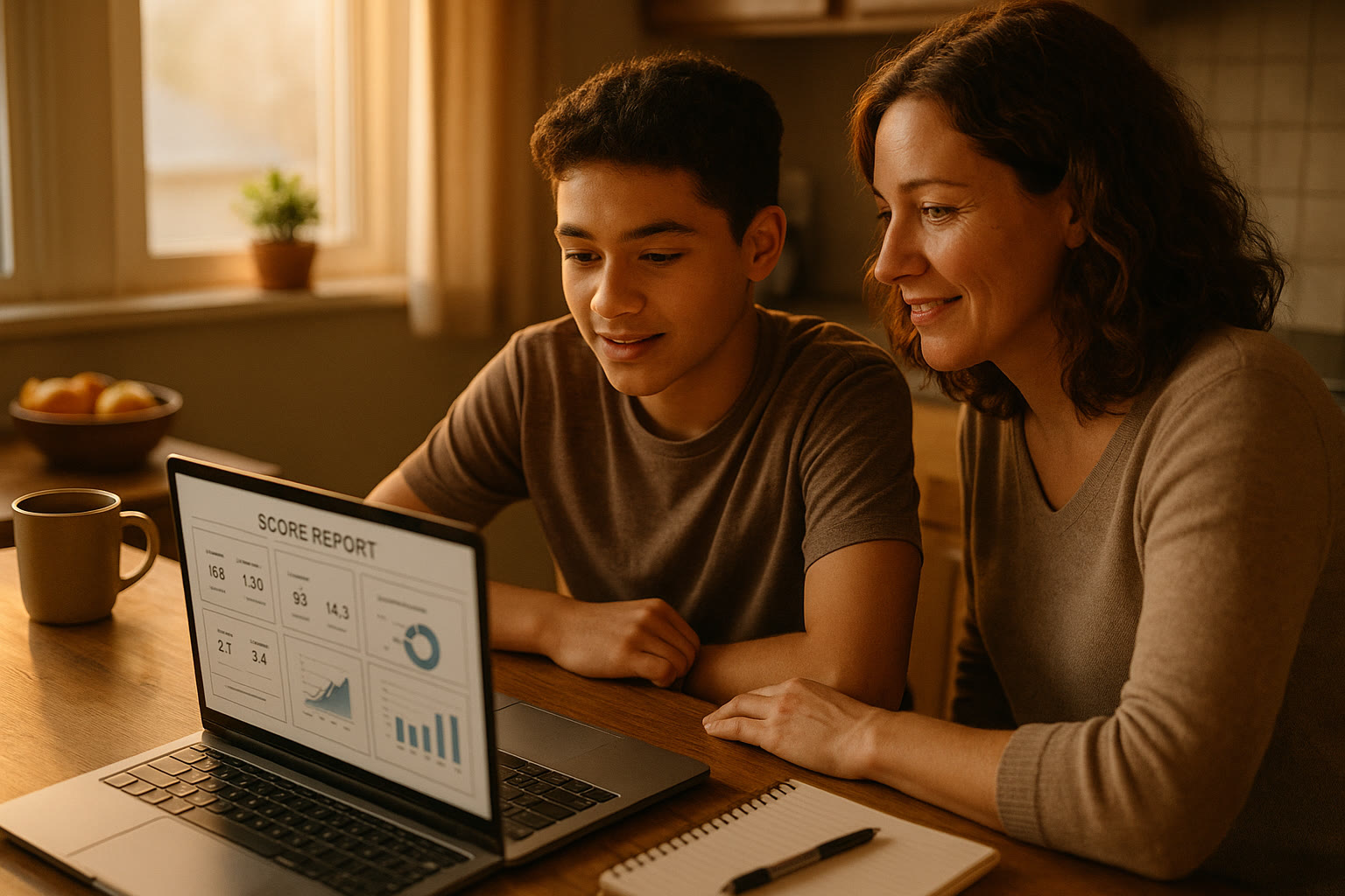 Photo Idea : A student and parent sitting at a kitchen table with a laptop open, looking at score reports together. Natural light, warm tones, a notebook beside them.
