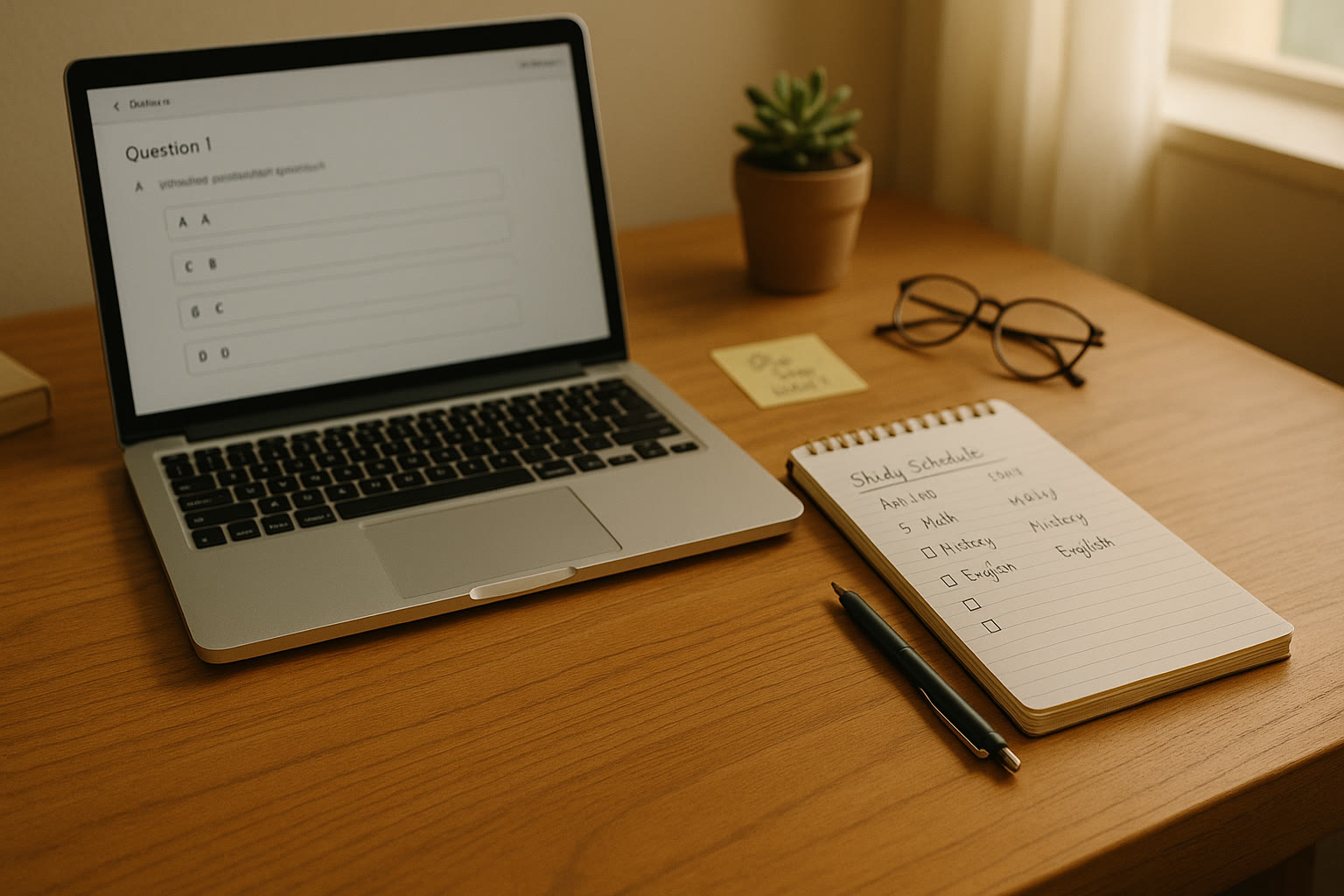 Photo Idea : A calm study nook with a laptop open to practice questions, a notebook with a neat study schedule, and a cup of tea—conveys focused, low-cost home prep.