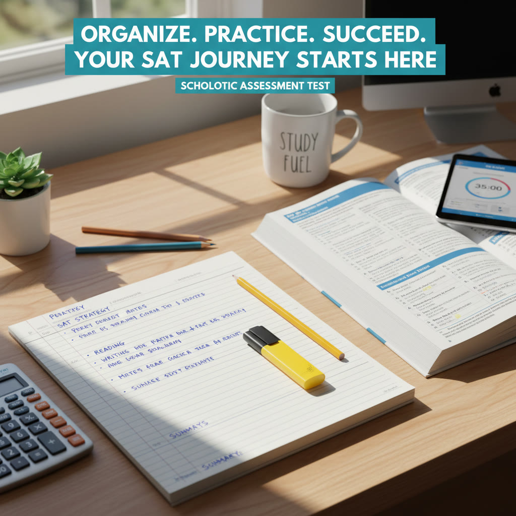 Study desk with handwritten Cornell notes, highlighter, and practice test open — emphasizes structure and organization.