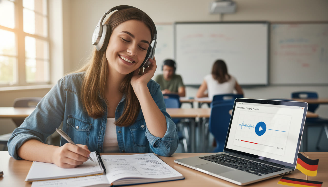 Photo Idea : A student with headphones, eyes closed, taking notes while listening to a German audio clip; soft-focus classroom background to imply focused practice.