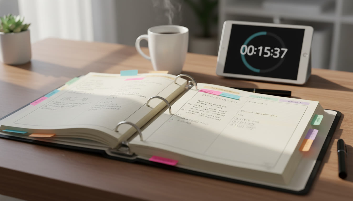 Photo Idea : A neat three-ring binder open on a desk, with labeled dividers, colorful sticky tabs, and handwritten practice FRQ pages—natural light, coffee mug, and a tablet showing a timer in the background.