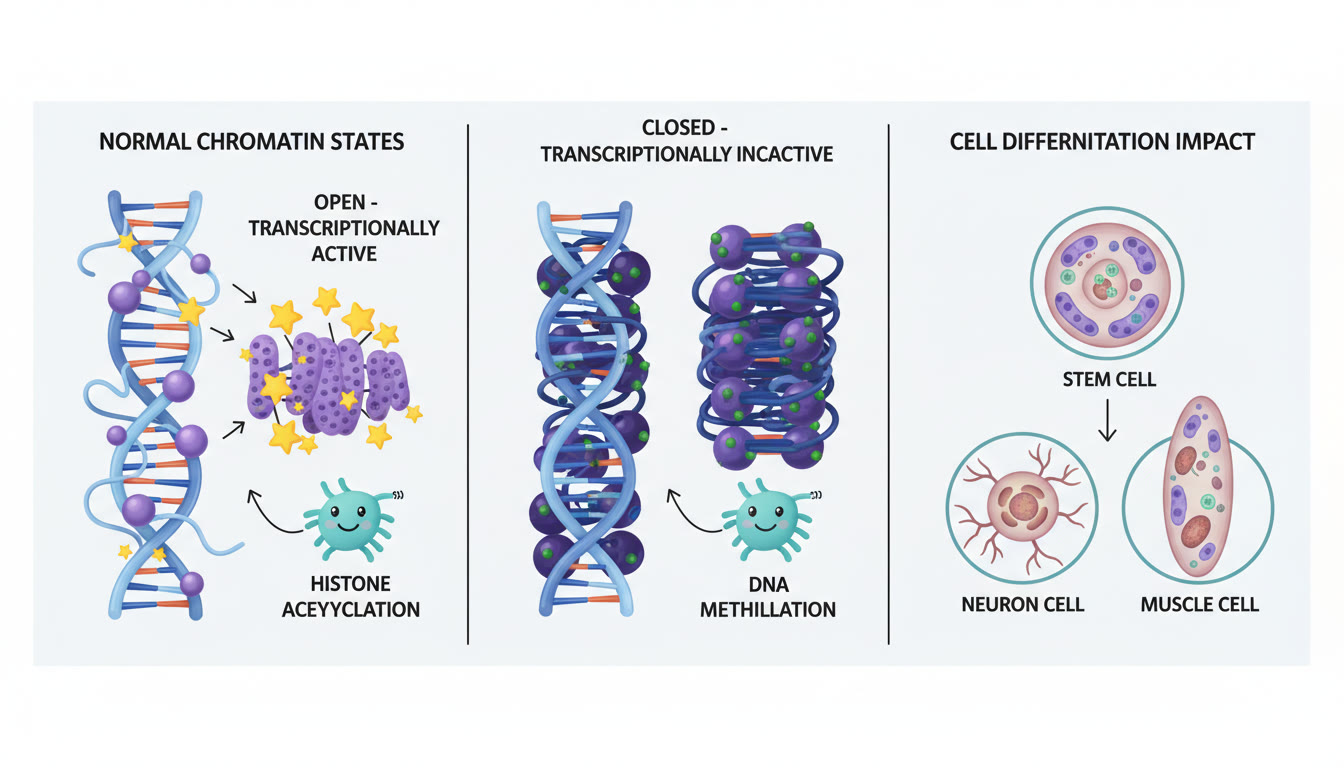 Photo Idea : A split-panel image showing normal chromatin (open vs closed) with labels for histone acetylation and DNA methylation, paired with a small inset showing how these changes affect cell differentiation — clean, educational lab-style visuals.