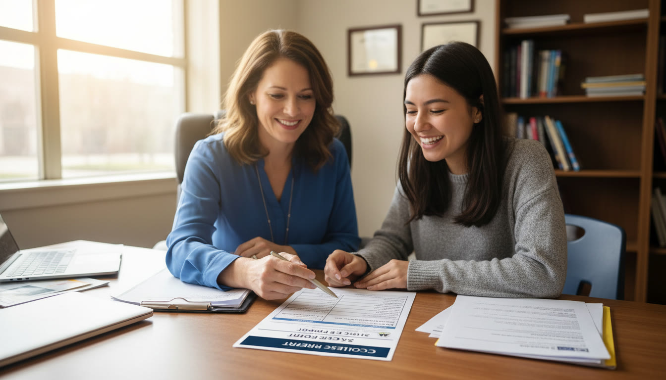 Photo Idea : A counselor and student in conversation at a school desk, papers open with a visible AP score sheet, showing collaborative planning and calm focus — ideal for the section about coordinating with counselors.