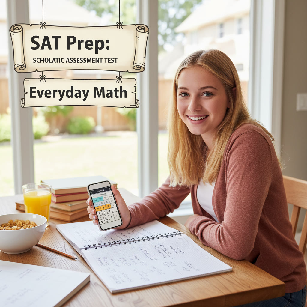 Photo idea: A student at a kitchen table solving a math problem on paper while using a smartphone calculator; natural light, casual setting to highlight everyday application