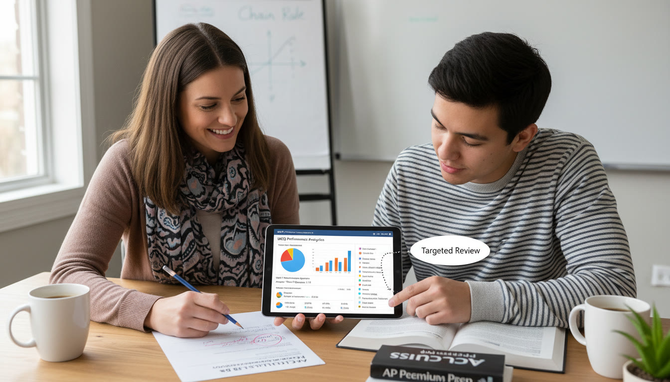 Photo Idea : A tutor and student reviewing a printed FRQ with annotations and a tablet showing MCQ analytics—highlighting how personalized guidance connects quick practice to deeper explanation.