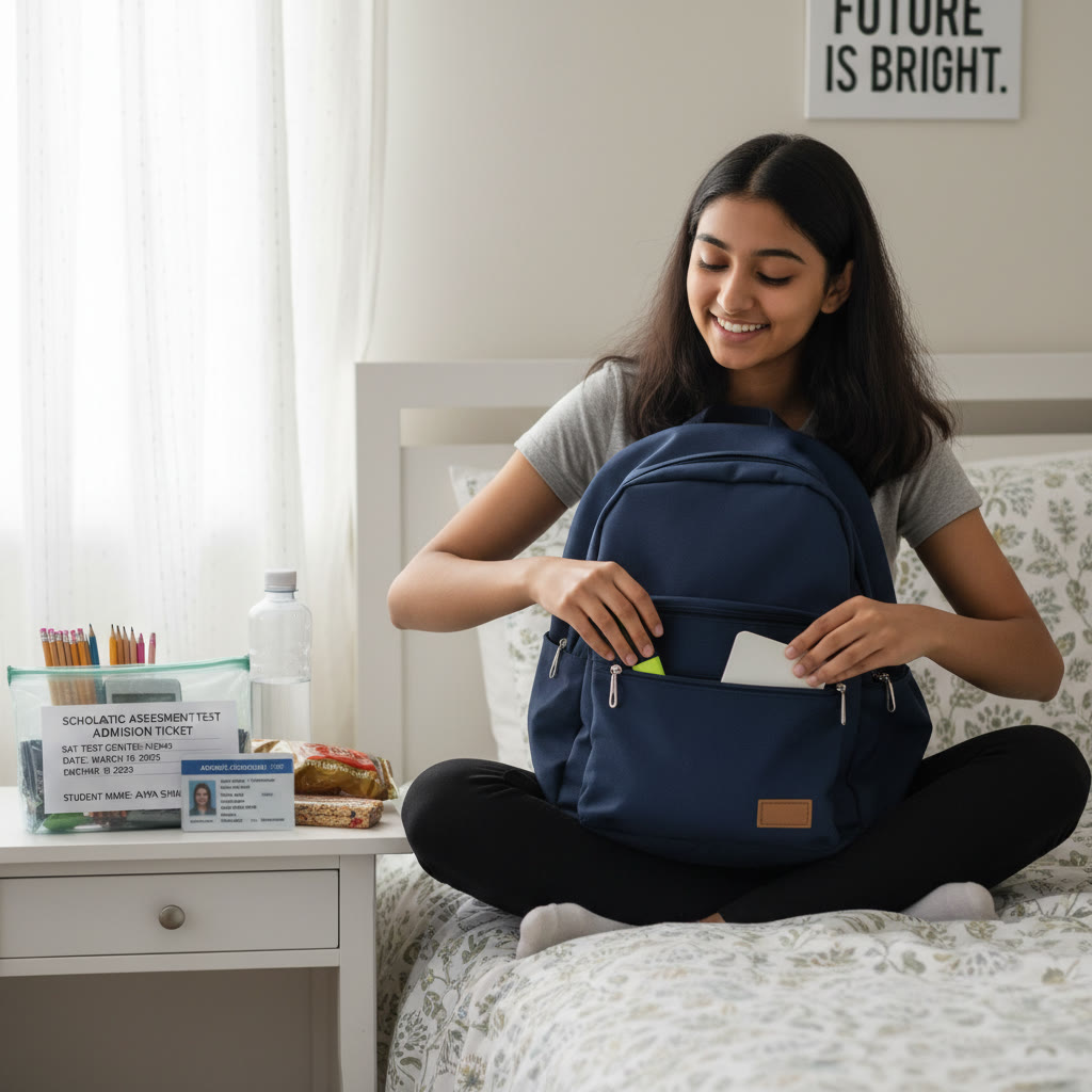 Photo of a student calmly packing an SAT bag on a bedside table: ID, pencils, calculator, snacks, and a printed admission ticket.