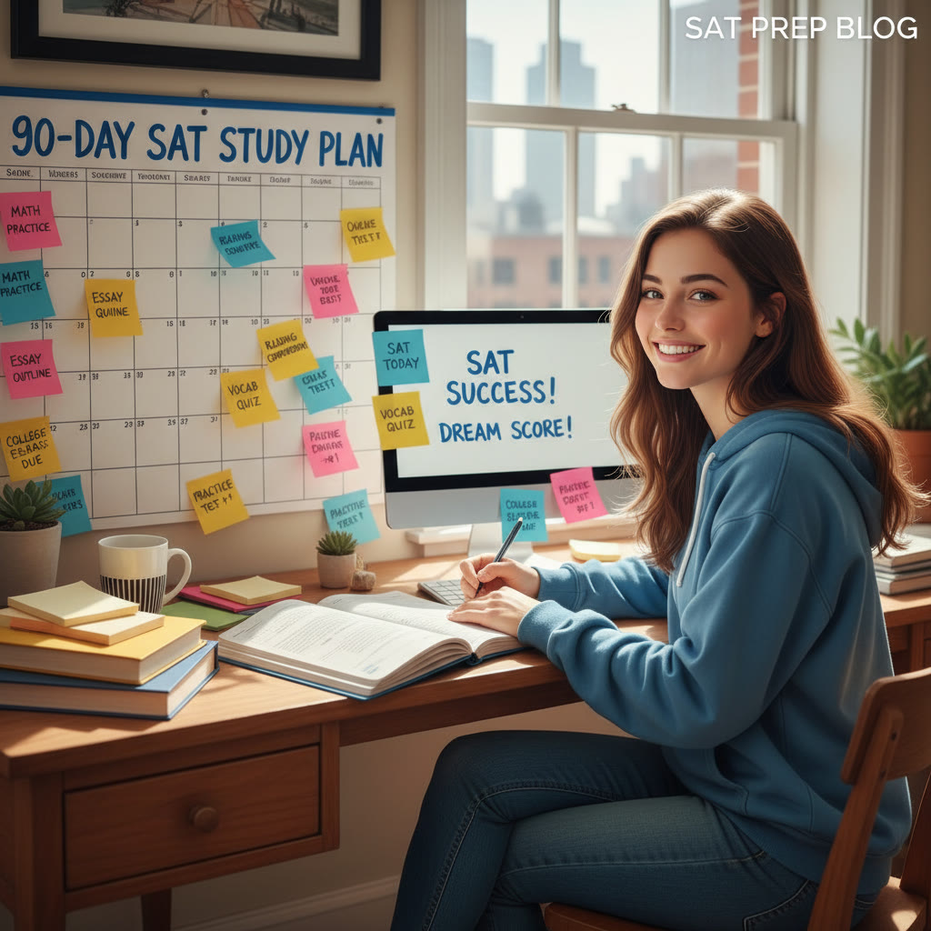 Student at a desk with calendar and sticky notes, planning a 90-day study schedule for the SAT