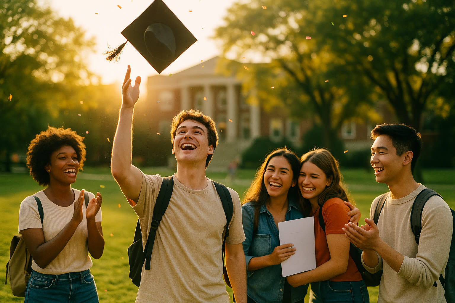 Photo Idea : A joyful student tossing a cap or celebrating with friends, symbolizing the broader college-planning journey beyond test scores.