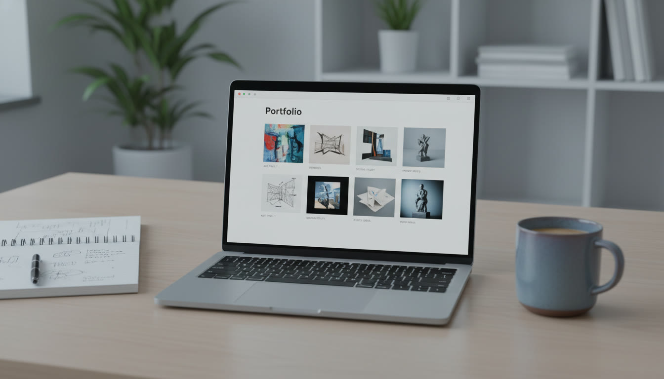 Photo Idea : A clean laptop screen open to a well-organized digital portfolio grid, with a notebook and coffee nearby—cooler tones, modern desk vibe. Place this image where you discuss digital presentation and timing.