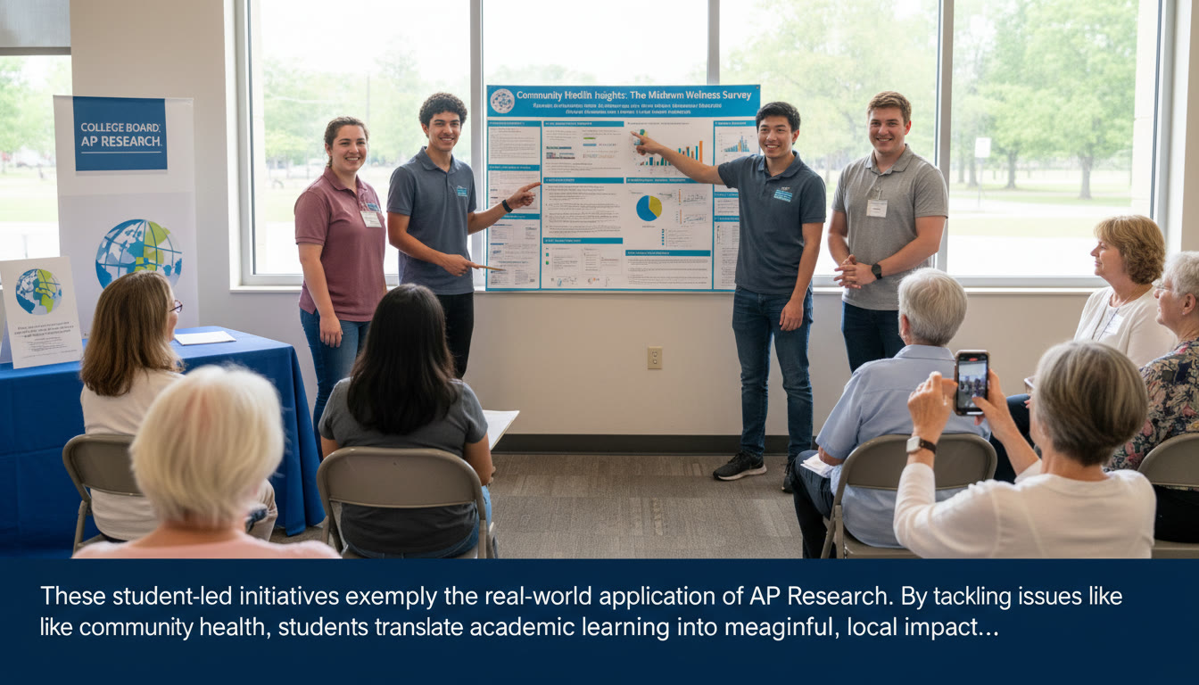 Photo Idea : A small group of high school students presenting an AP Research poster about a community health survey to a local audience; use this image in the lower half of the article where project-to-impact examples are discussed, showing engagement and real-world application.