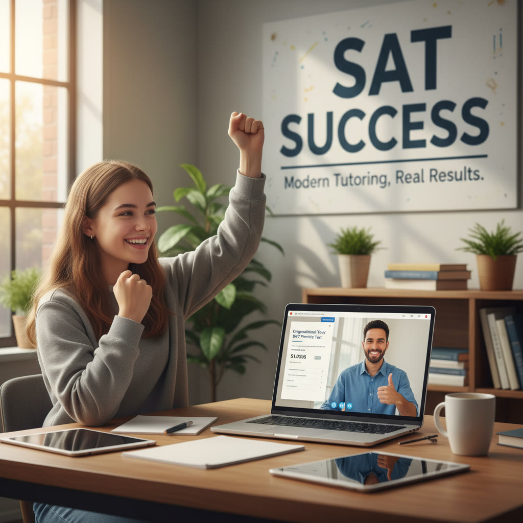 Photo Idea : A bright, optimistic image of a student finishing a full-length digital SAT practice on a laptop, fist-pumping in relief while a tutor (on video call) offers a thumbs-up—captures achievement and modern, connected tutoring support.
