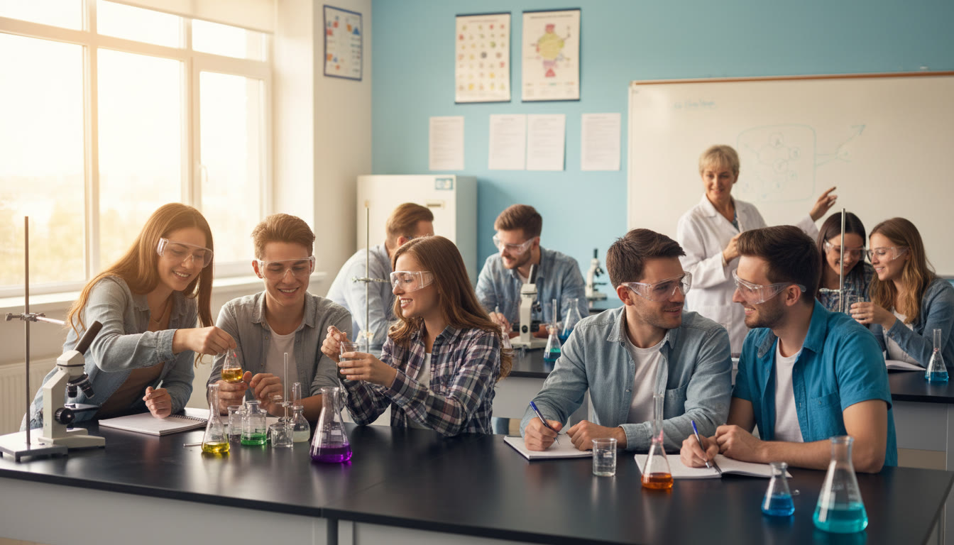 Photo Idea : Early-semester laboratory: a bright undergraduate chemistry lab with students collaborating, wearing goggles, and a faculty member guiding a small group—evokes readiness and hands-on learning in the sciences.
