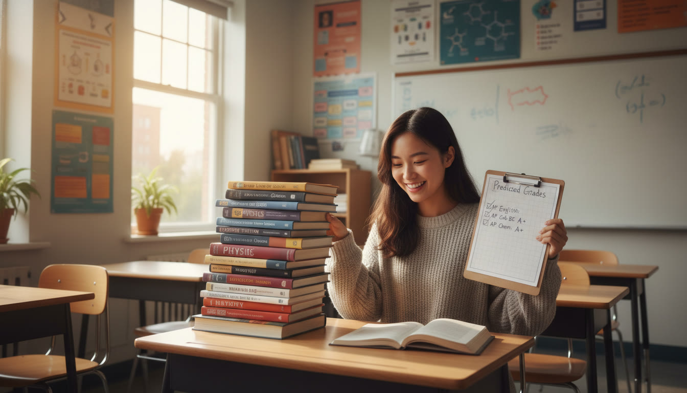 Photo Idea : A classroom scene with a student at a desk balancing a stack of textbooks on one side and a checklist labeled