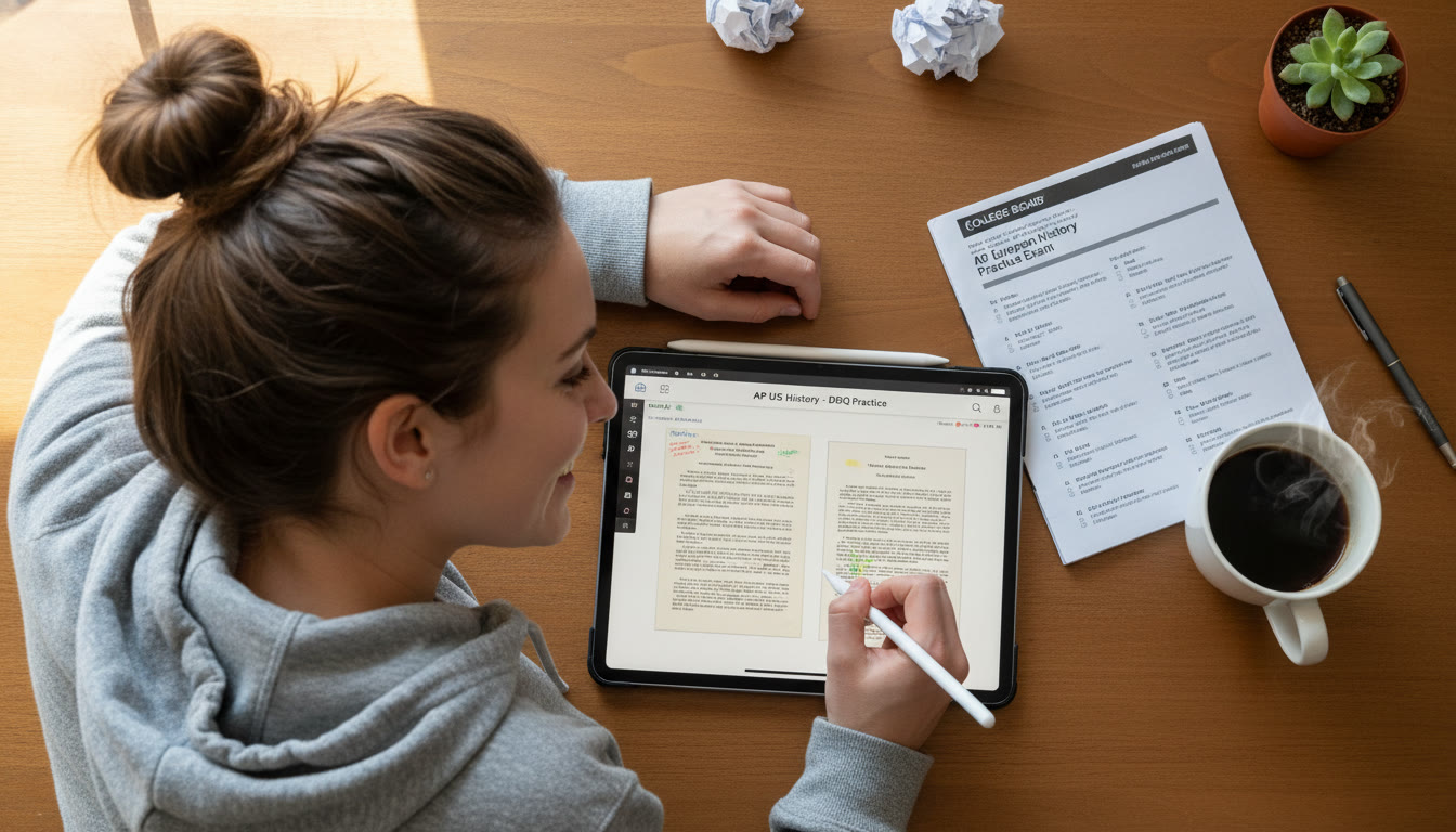 Photo Idea : Overhead shot of a student using an iPad with a stylus, open to annotated AP History documents; beside it, a printed practice exam and a cup of coffee to suggest a calm study session.