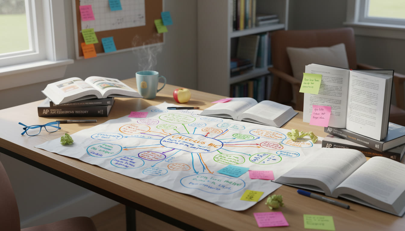 Photo Idea : A bright study desk with a large mind map sketched on paper, colorful sticky notes, and AP prep books open — conveys active, creative learning.