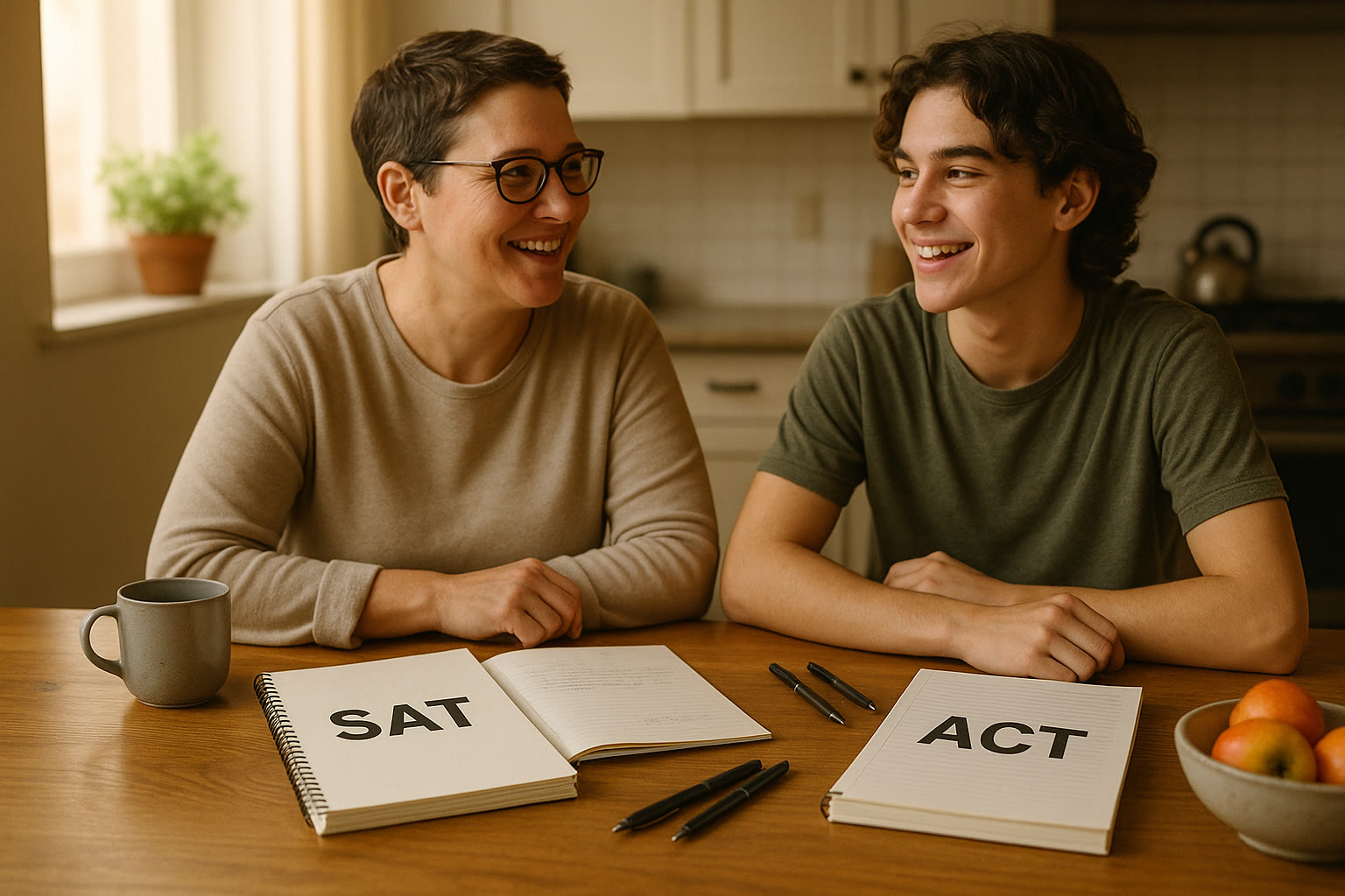 Photo Idea : A parent and teen sitting at a kitchen table with two notebooks labeled “SAT” and “ACT,” smiling, mid-conversation — natural morning light, relaxed atmosphere.