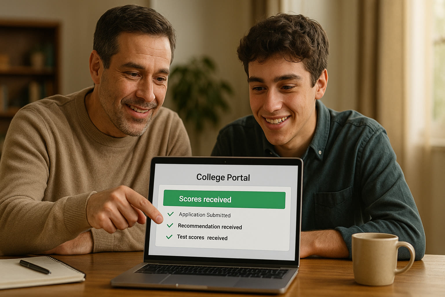 Photo Idea : A parent and student reviewing a laptop screen together, pointing at a college portal showing 'Scores received' or a checklist. The mood is collaborative and encouraging.