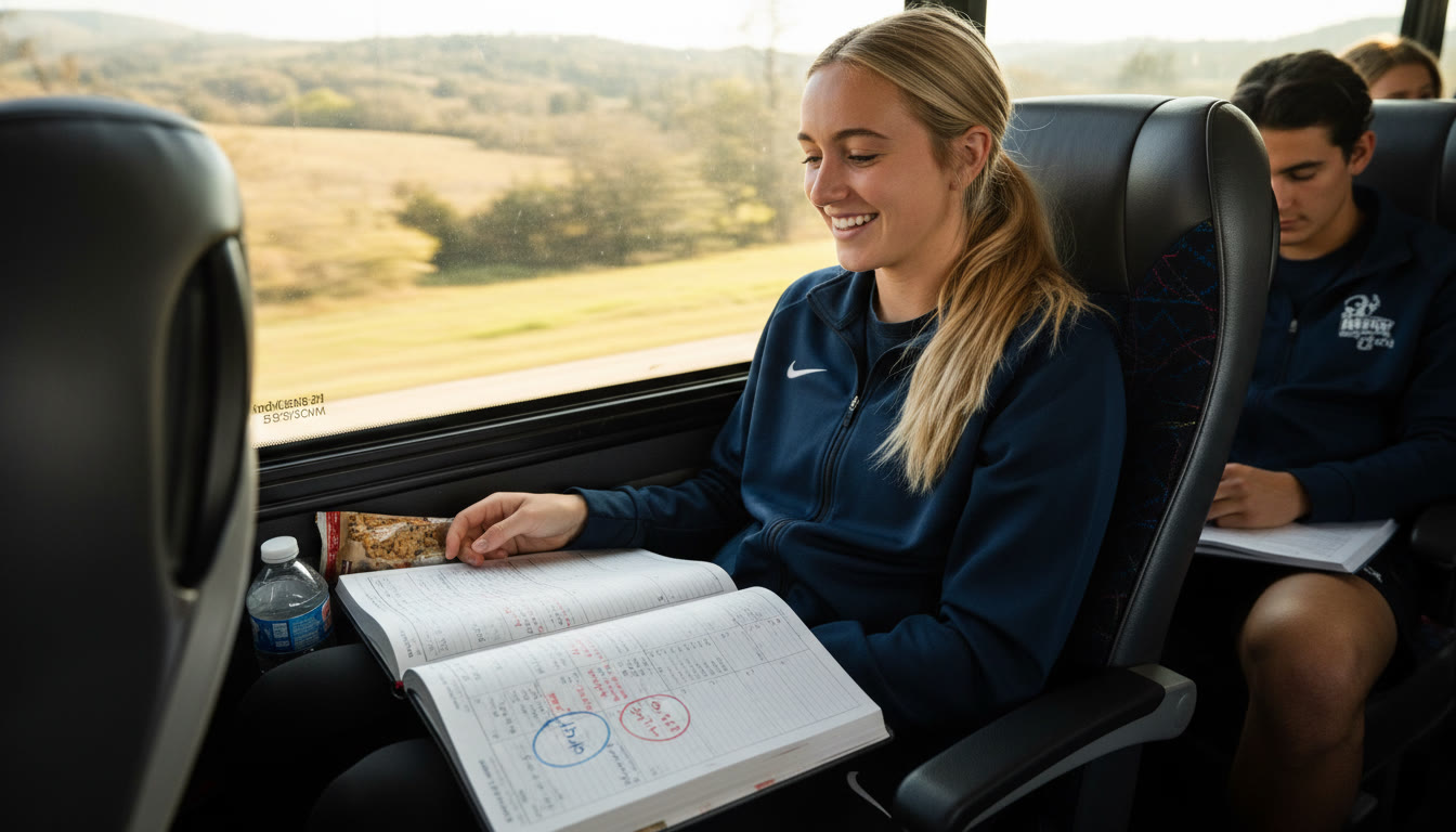 Photo Idea : A candid shot of a student-athlete studying on a bus between competitions, with a planner open showing AP and SAT dates visualizes making study time during travel.