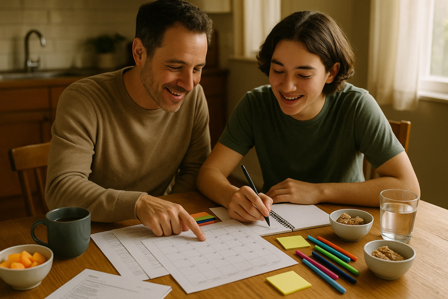 Photo Idea : A parent and teen at a kitchen table spreading out practice tests and snacks, smiling and planning a study calendar together. Natural light, relaxed atmosphere.