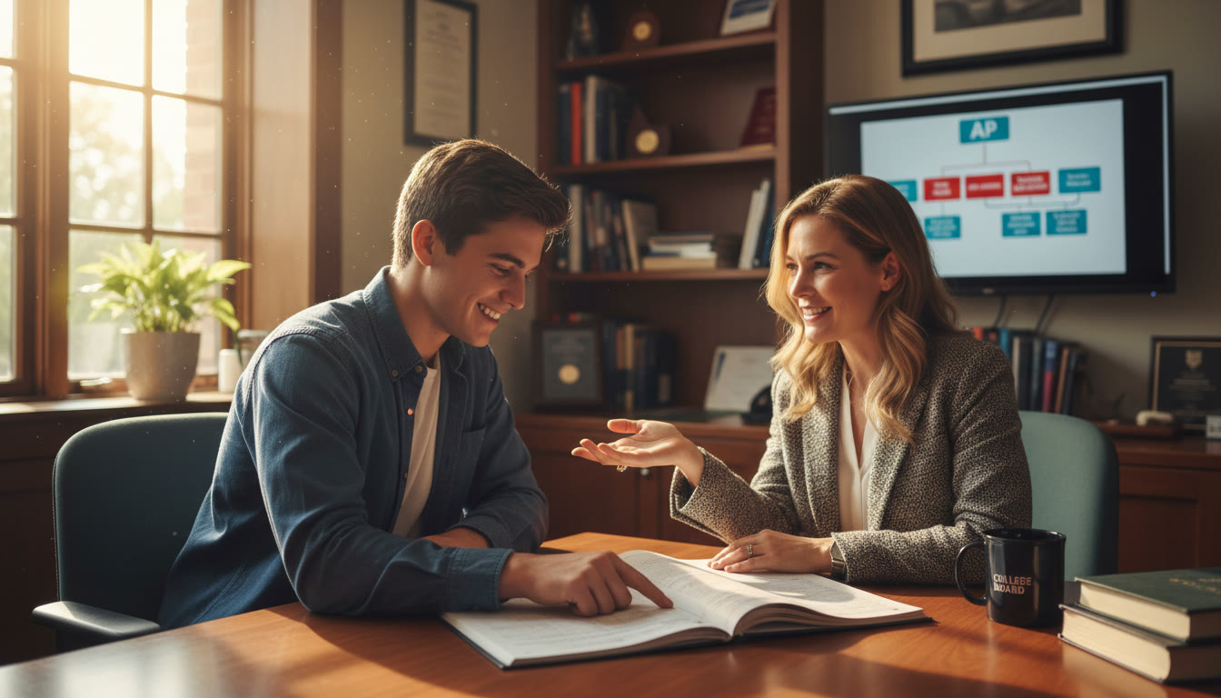 Photo Idea : A photo of a student meeting with a faculty adviser in a sunlit office, pointing at a planner — suggests thoughtful, personalized academic planning and the advising relationship that shapes AP placement decisions.