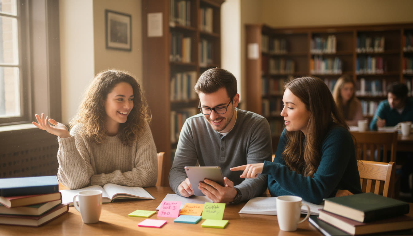 Photo Idea : A small study group in a cozy library corner testing each other: one student predicts, another checks with a rubric on a tablet, sticky notes listing next steps—natural light, collaborative energy.