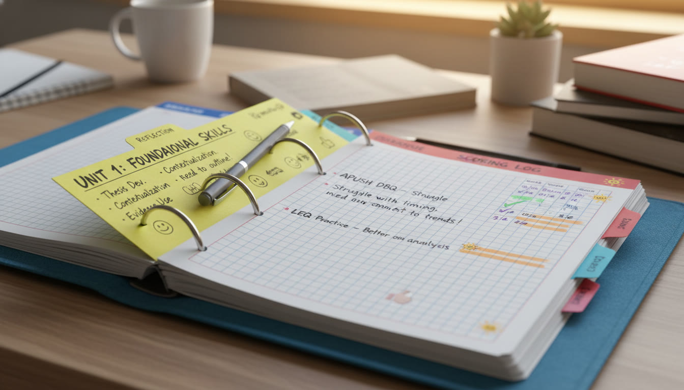 Photo Idea : Close-up of an open binder showing labeled dividers, handwritten reflection notes, and a colorful scoring log—an intimate shot that shows active use and progression.