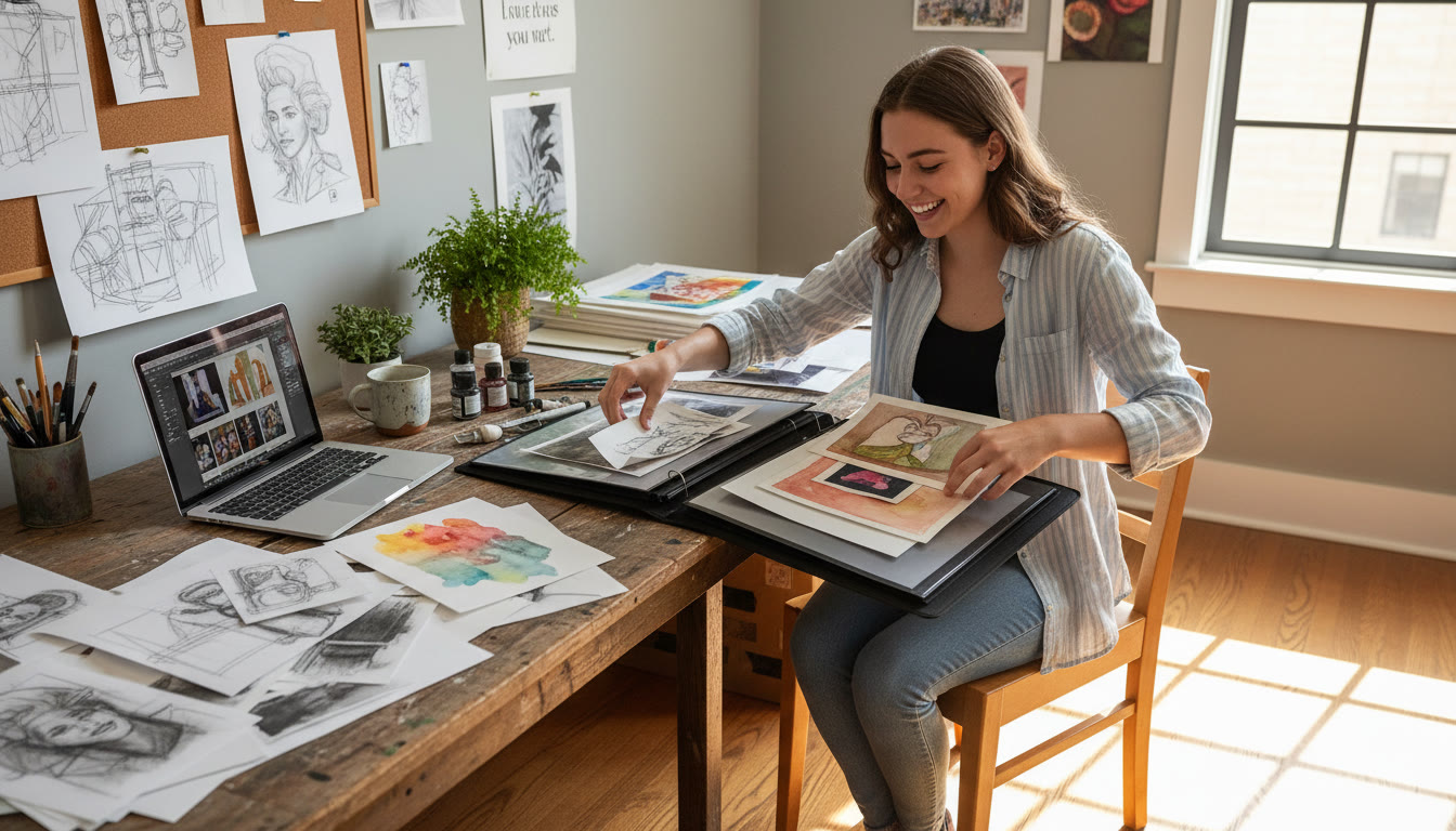 Photo Idea : A student in a studio workspace arranging pieces in a portfolio, with sketches and a laptop visible—ideal for the Meadows-focused section, showing process and creative concentration.