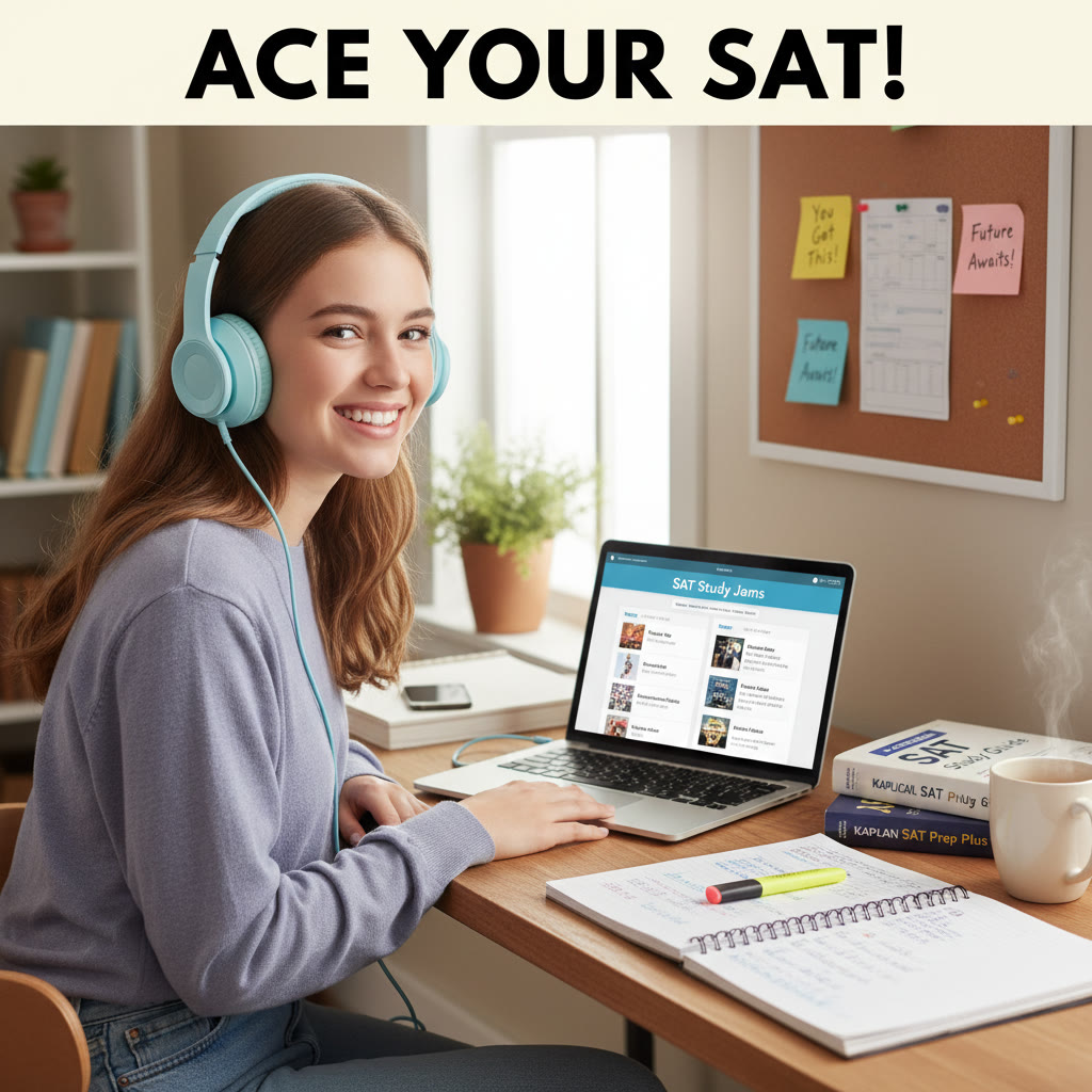 A student at a desk with soft lighting, headphones on, laptop open to a study playlist app; a notebook and SAT prep books nearby.