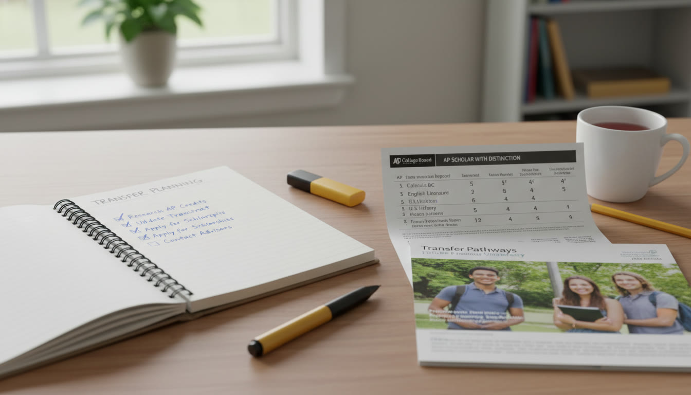 Photo Idea : A close-up of a notebook open on a tidy desk with a transfer planning checklist, AP score report printout, and a college catalog page. The image should feel organized and hopeful, suggesting planning and momentum.