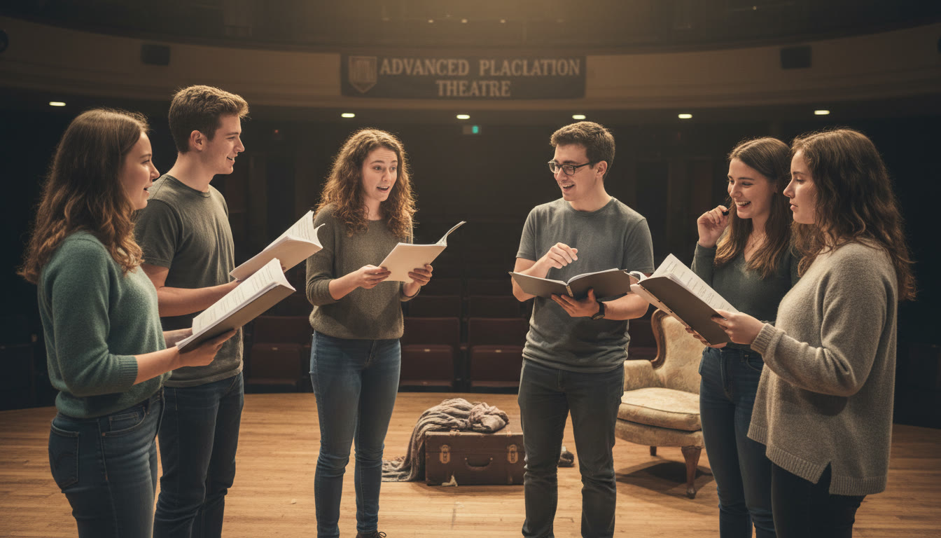 Photo Idea : A warm, candid shot of a small group of high school theatre students in rehearsal—scripts in hand, expressive faces, a soft spotlight—capturing collaboration and focus. Place near the top of the article to visually anchor the subject.
