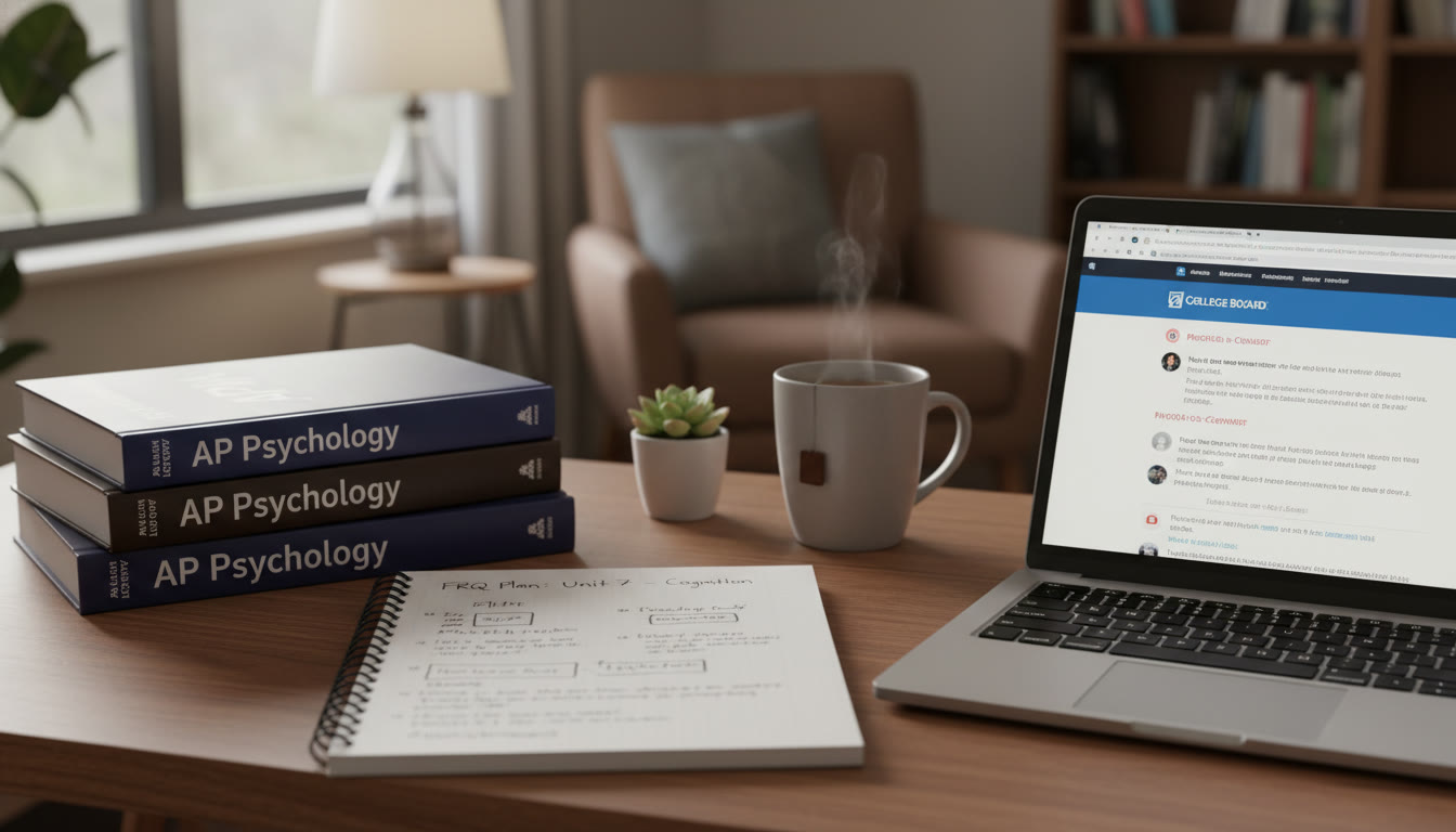 Photo Idea : A calm study nook with AP Psychology textbooks, a notebook with an organized FRQ plan, and a laptop—visualizes planning and structured practice in the top third of the post.
